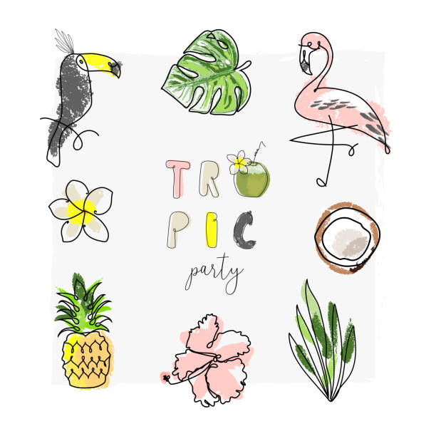 Summer cartoon doodle hand drawn vector elements cute tropical set Summer cartoon doodle hand drawn vector elements pineapple beach stock illustrations