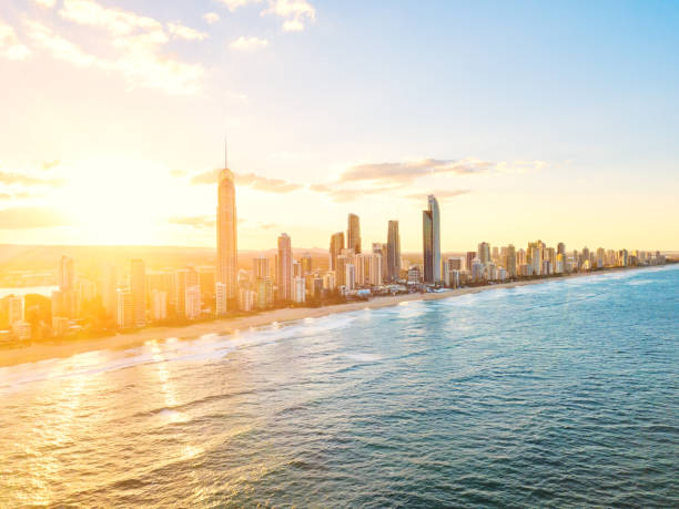 Surfers Paradise sunset aerial view stock photo