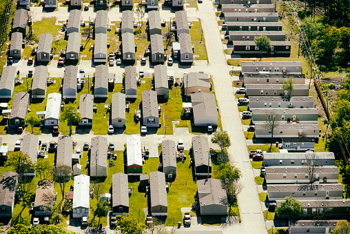 A well maintained mobile home park shot from above in east Texas near Galvaston and Texas City just south of Houston.