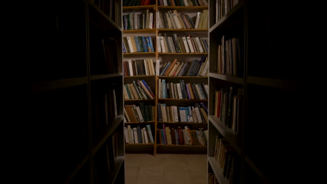 Old library. The camera moves along two high bookshelves. Cinematographic frame. For horror stories, archived videos and movies. Shelves with books.