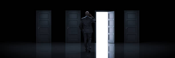 istock Businessman choosing the right door. 3d rendering 1147182006