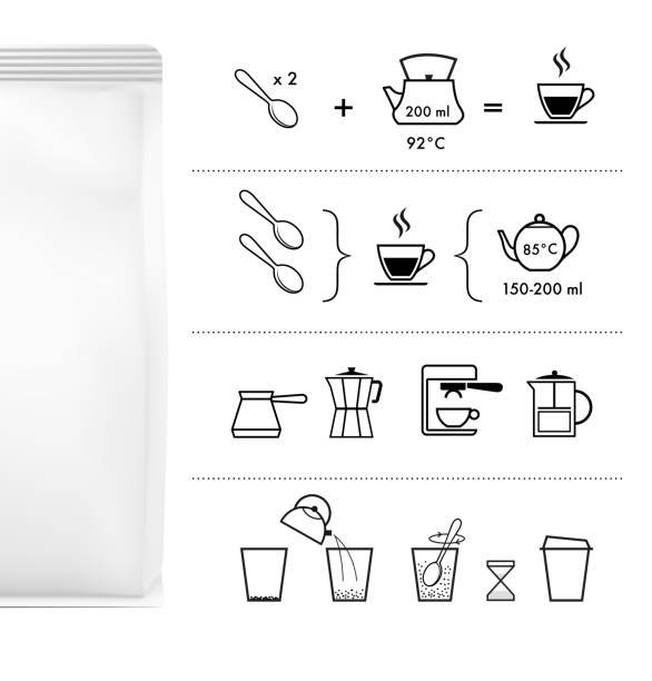 zestaw metod parzenia herbaty i kawy. instrukcja przygotowania. - steep stock illustrations