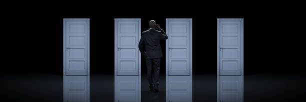 istock Businessman choosing the right door. 3d rendering 1147182226