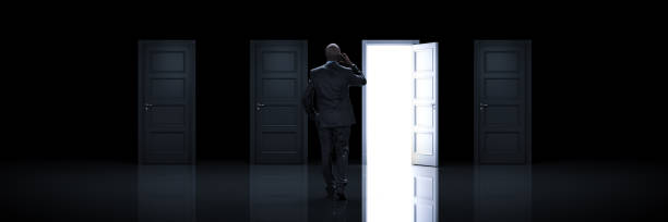 istock Businessman choosing the right door. 3d rendering 1147182339