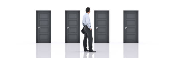 istock Businessman choosing the right door. 3d rendering 1147183069