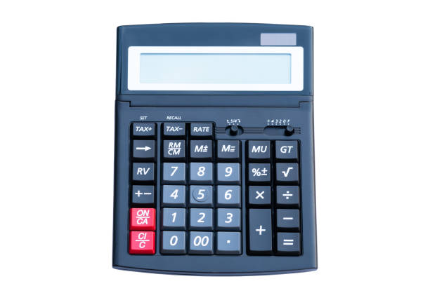 istock Black digital calculator  top view isolated on white background 1147183612
