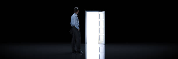 istock Businessman choosing the right door. 3d rendering 1147183750