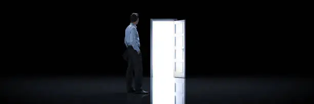 Photo of Businessman choosing the right door. 3d rendering