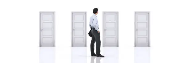 Photo of Businessman choosing the right door. 3d rendering