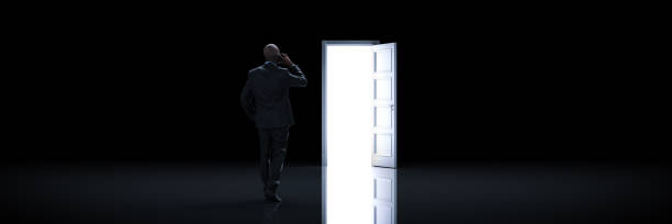 istock Businessman choosing the right door. 3d rendering 1147183957