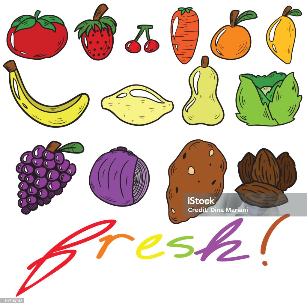 Vetores de Desenhos Animados Das Frutas Frescas E Dos Veggies e