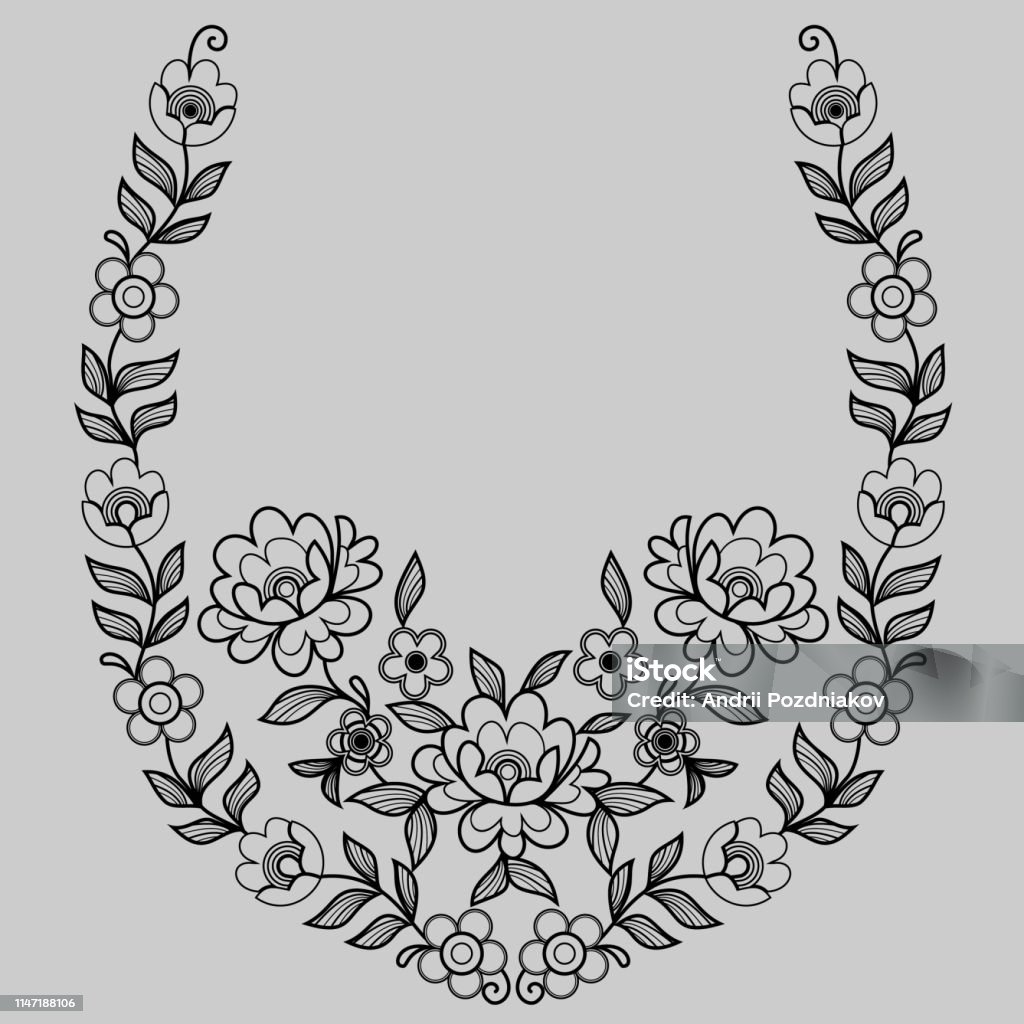 Black ornamental pattern.Flowers and leaves. Linear ornamental pattern on light grey background with flowers and leaves.Pattern has a shape of horseshoe. Art stock vector