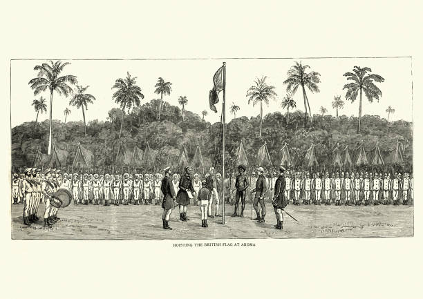 Vintage engraving of British annaxation of New Guinea, raising the flag, Aroma, 1886, 19th Century