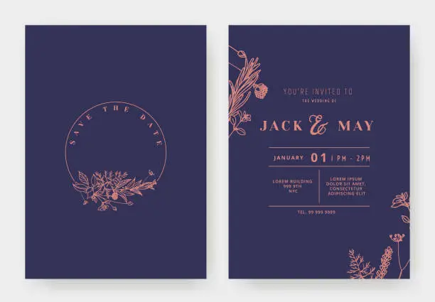 Vector illustration of Minimalist wedding invitation card template design, circle floral wreath, line art ink drawing in red and purple tones
