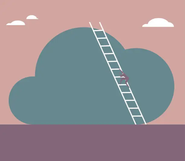 Vector illustration of Businessman climbs up the cloud using ladder