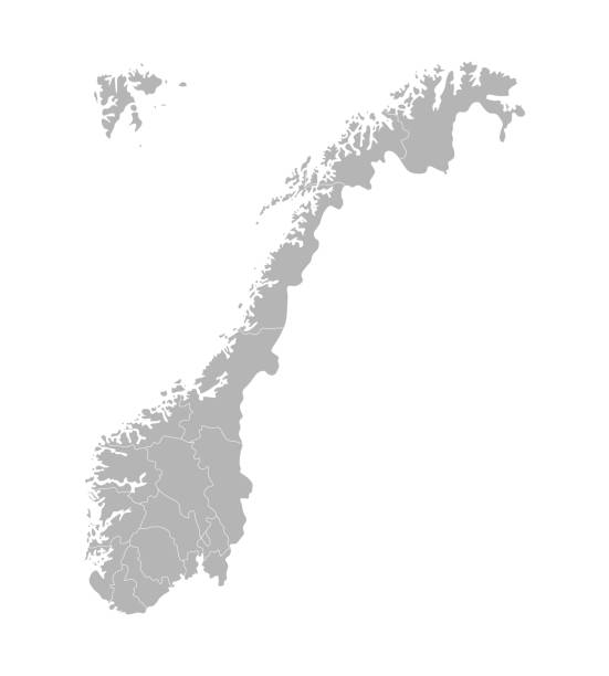 illustrazioni stock, clip art, cartoni animati e icone di tendenza di illustrazione semplificata isolata vettoriale con silhouette della norvegia, contorni grigi delle regioni. - map of norway