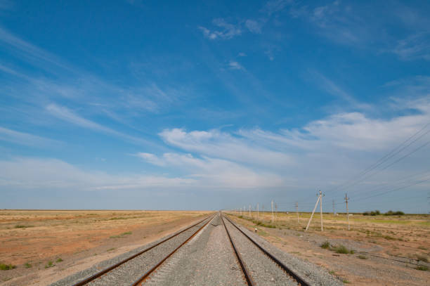 Railroad tracks going to the horizon. Metal railings of railway tracks deminishing perspective landscape among countryside fields