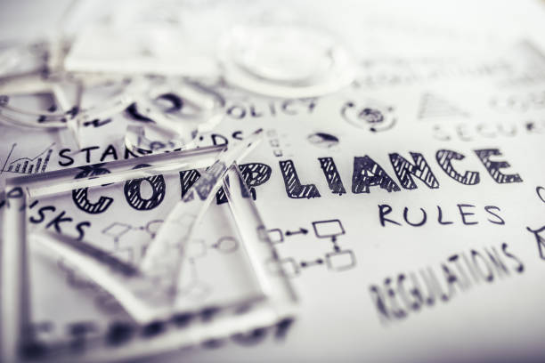 Compliance Transparent check mark over compliance related icons and words handwritten on white papers word cloud shapes stock pictures, royalty-free photos & images