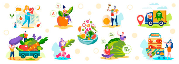 Male and Female Characters Choose Healthy Eco Food Set of Male and Female Characters Choosing Healthy Eco Food Nutrition. Men and Women Buying Farm Meat, Eggs, Greenery, Ordering and Delivery Products to Customers. Cartoon Flat Vector Illustration. organic food stock illustrations