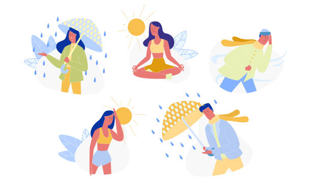 People and Seasons, Different Weather Set Isolated People and Seasons Set Isolated on White Background. Young Male and Female Characters at Different Weather. Summer, Autumn, Spring, Winter Time. Sun, Rain, Heat, Cold Cartoon Flat Vector Illustration. woman hot shower stock illustrations