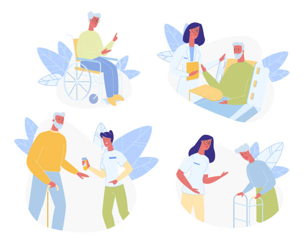 illustrazioni stock, clip art, cartoni animati e icone di tendenza di anziani in nursing house set. guida di medicina - senior adult wheelchair community family