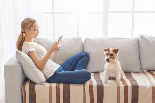 Young woman with dog at home sitting on the sofa