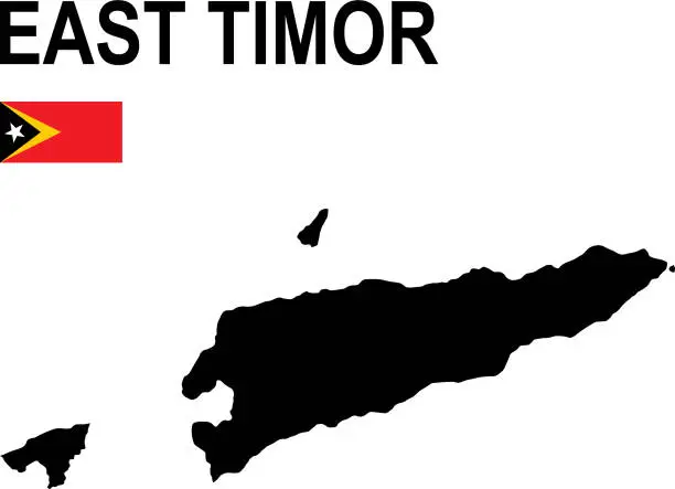 Vector illustration of Black basic map of East Timor with flag against white background