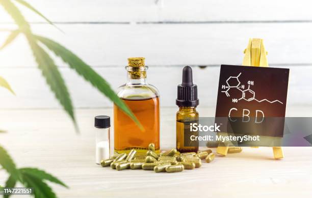 Cannabidiol Cbd Oils Capsules And Crystals Isolate With Small Blackboard With Cbd Word And Chemical Structure Stock Photo - Download Image Now