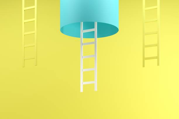 istock Outstanding white ladder hanging inside blue tube between two yellow ladders on blue background. Minimal conceptual idea concept. 1147227076