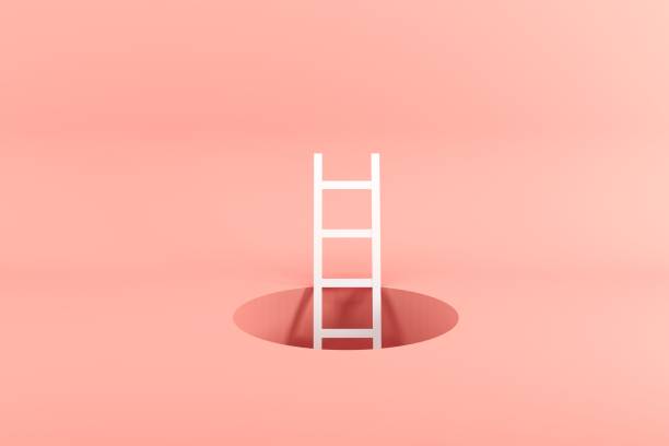 istock Outstanding white ladder standing inside hole on pink background. Minimal conceptual idea concept. 1147227079