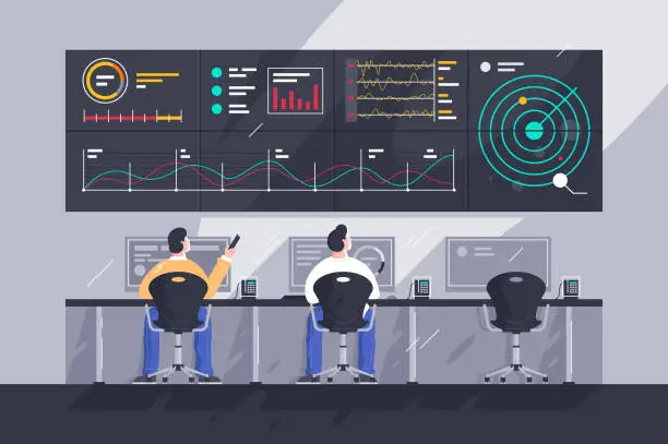 Vector illustration of Flat young men employee with screens with charts at control center.