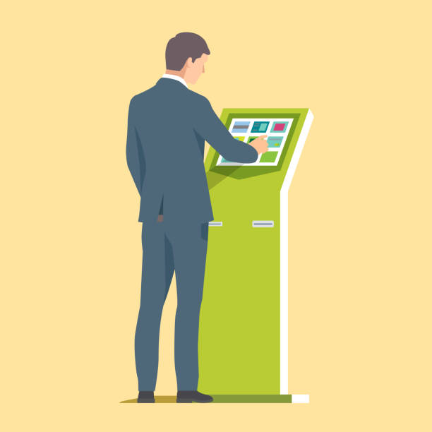Businessman using self service kiosk. Vector illustration Man in a suit near self service terminal atm illustrations stock illustrations