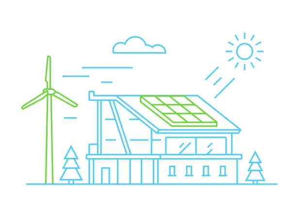 Vector illustration of Eco friendly house with solar panel and wind turbine. Alternative green energy