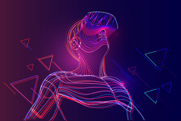 illustrations, cliparts, dessins animés et icônes de homme portant le casque de réalité virtuelle. monde vr abstrait avec des lignes de néon - simulateur