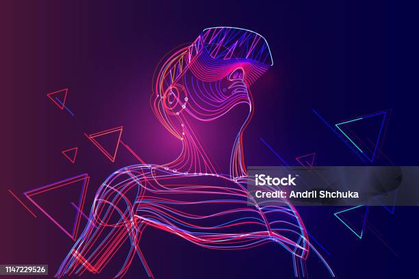 Man Wearing Virtual Reality Headset Abstract Vr World With Neon Lines - Arte vetorial de stock e mais imagens de Tecnologia