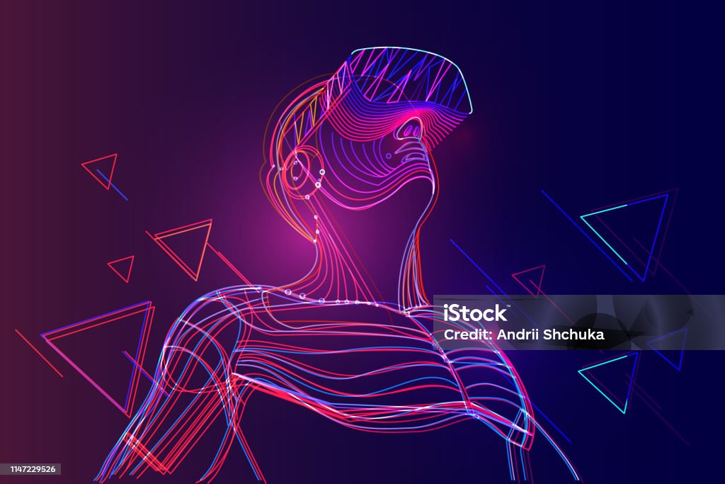 Man wearing virtual reality headset. Abstract vr world with neon lines Virtual reality technology for entertainment and learning Technology stock vector