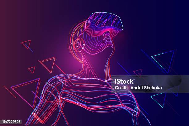 Man Wearing Virtual Reality Headset Abstract Vr World With Neon Lines Stock Illustration - Download Image Now