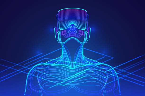 Person wearing virtual reality glasses. Abstract vr world with neon lines. Vector illustration Virtual reality technology for entertainment and learning neon lighting illustrations stock illustrations