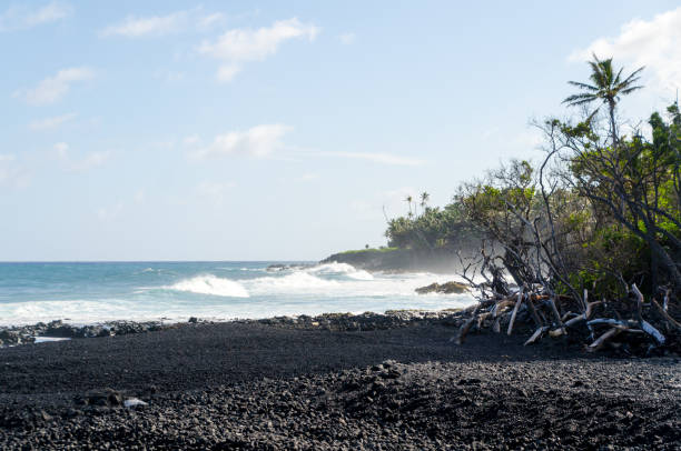 surf ruvido ai margini di sabbie nere della spiaggia di pohoiki, isaac hale beach park, big island, hawaii - kapoho foto e immagini stock