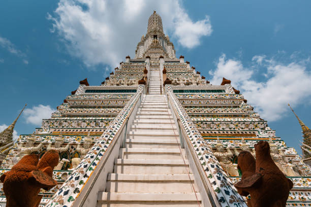 Wat Arun Ratchawararam Ratchawaramahawihan (Temple of Dawn) is a temple on the Thonburi west bank of the Chao Phraya River in Bangkok, Thailand. stock photo