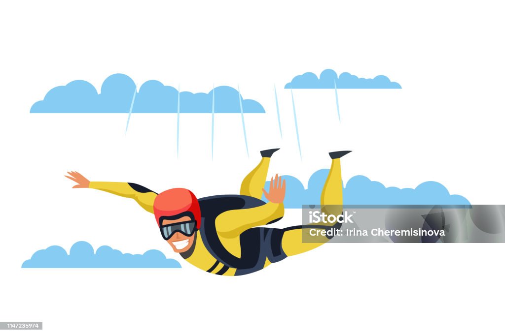 Skydiver flat vector character Skydiver flat vector character. Skydiving, parachuting sport cartoon illustration. Parachutist flying through clouds. Extreme activities. Jumping with parachute isolated design element Skydiving stock vector