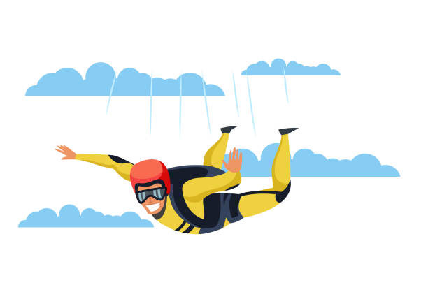 Skydiver flat vector character Skydiver flat vector character. Skydiving, parachuting sport cartoon illustration. Parachutist flying through clouds. Extreme activities. Jumping with parachute isolated design element skydiving stock illustrations