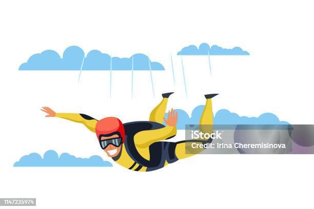 Skydiver Flat Vector Character Stock Illustration - Download Image Now - Skydiving, Parachuting, Parachute
