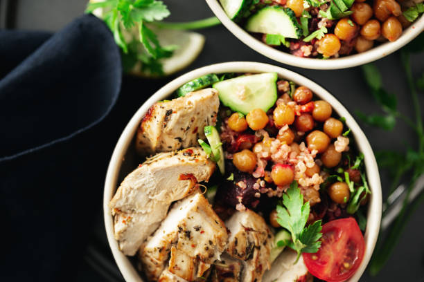 istock Healthy food bowl buddha top view on dark background copy space 1147236774