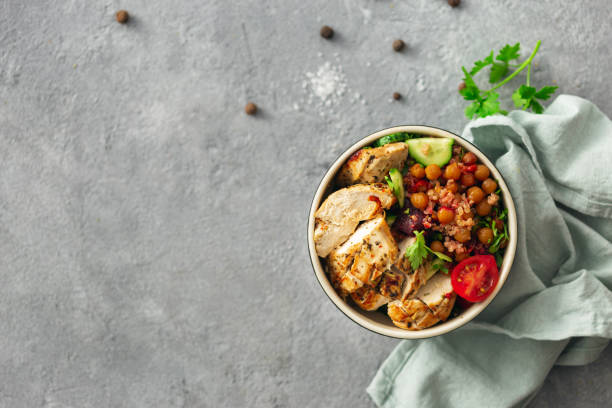 istock Healthy eating plate balanced diet. Buddha bowl top view asian table styling copy space 1147236778