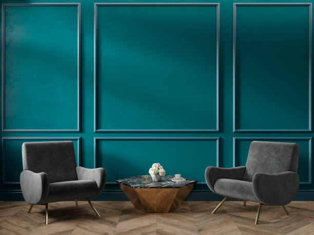 istock Classic green blue turquoise interior empty room with armchairs coffee table flowers mouldings and wooden floor. 3d render illustration mock up 1147237014