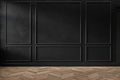 Moderno color negro clásico vacío interior con paneles de pared, molduras y suelo de madera. Ilustración de renderización 3D. photo