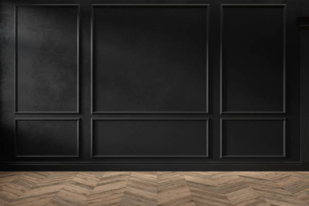 modern classic black color empty interior with wall panels, mouldings and wooden floor. 3d render illustration mock up. - black backgound imagens e fotografias de stock