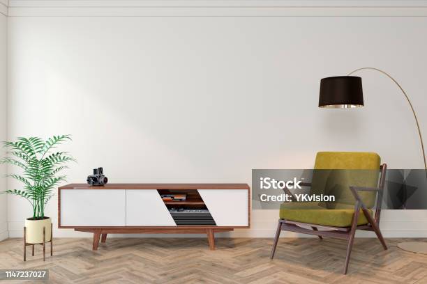 Mid Century Modern Interior Empty Room With White Wall Dresser Console Yellow Lounge Chair Armchair Floor Lamp Wood Floor 3d Render Illustration Mockup Stock Photo - Download Image Now