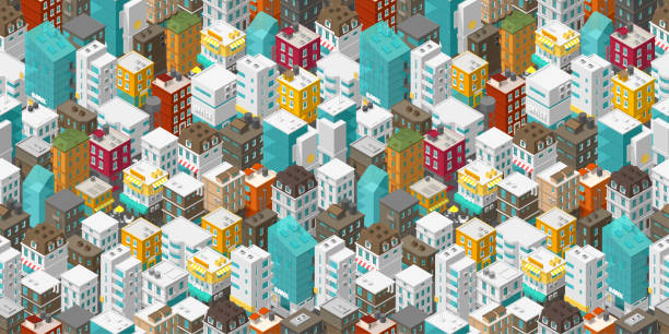 건물 도시 완벽 한 패턴입니다. 등각 투영 평면도. 벡터 타운 도시 거리입니다. 멀티 컬러 스타일 사각형 배경입니다. 매우 상세한. - quarter view stock illustrations